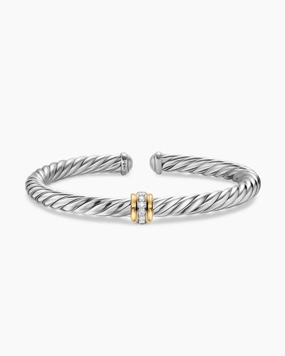 David Yurman Cable Flex Center Station Bracelet in Sterling Silver with 14K Yellow Gold and Diamonds, 6mm David Yurman Women’s