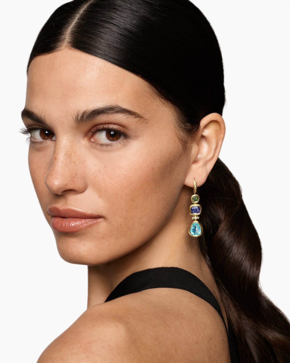 David Yurman DY Mercer® Statement Stone Drop Earrings in 18K Yellow Gold with Sky Blue Topaz, Iolite, Green Tourmalines and Diamonds, 52mm David Yurman Women’s