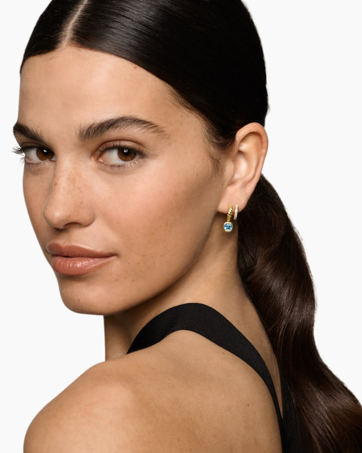 David Yurman DY Mercer® Color Two Row Drop Earrings in 18K Yellow Gold with Sky Blue Topaz and Diamonds, 19.5mm David Yurman Women’s