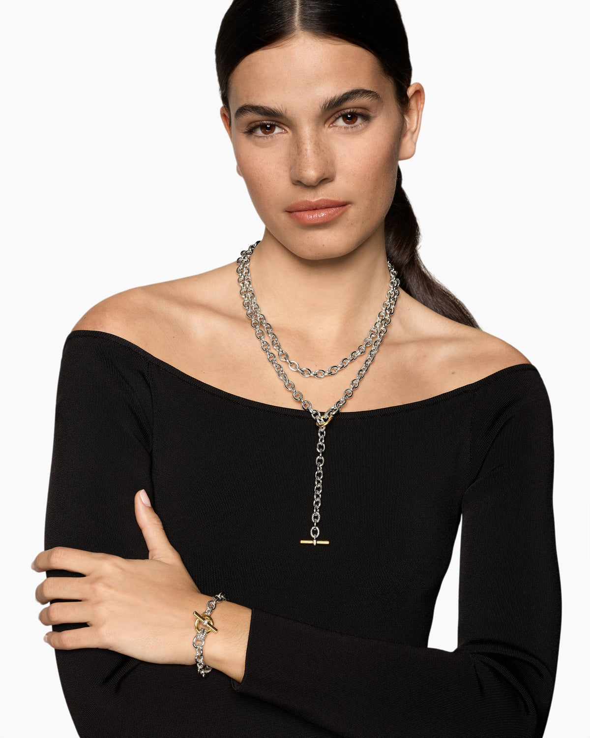 David Yurman DY Mercer® Convertible Chain Necklace in Sterling Silver with 18K Yellow Gold and Diamonds, 8mm David Yurman Women’s