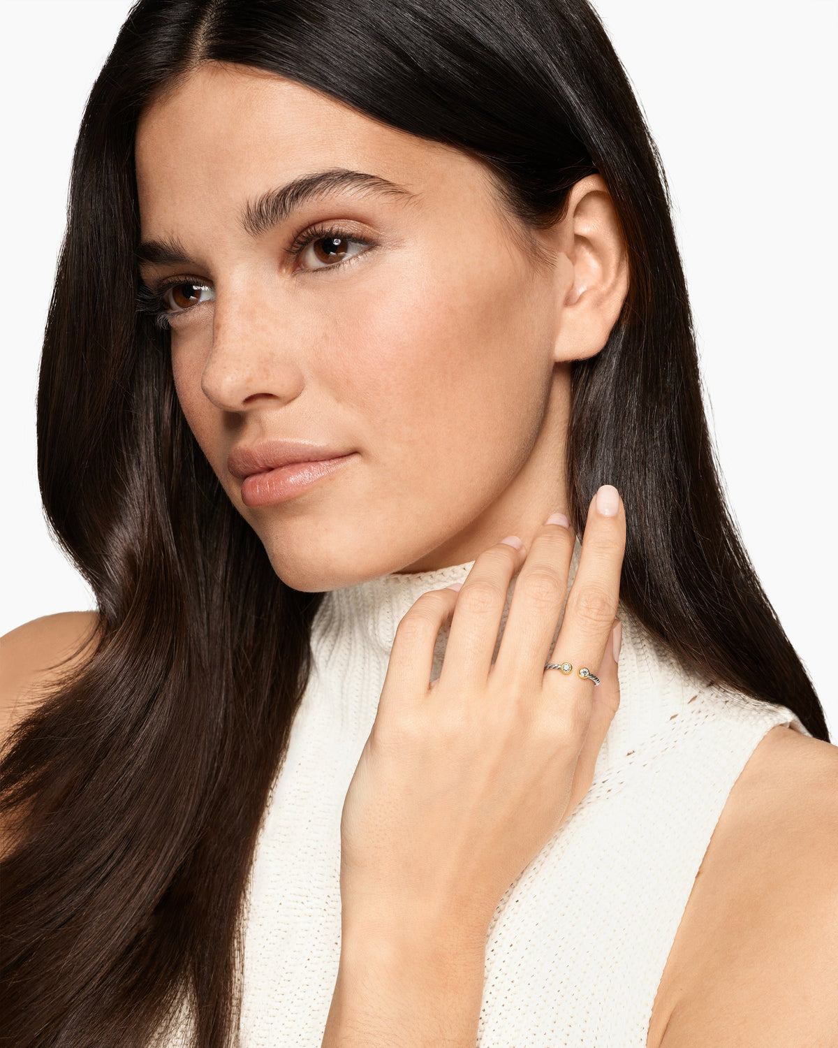 David Yurman Cable Open Round Ring in Sterling Silver with 14K Yellow Gold and Diamonds, 1.7mm David Yurman Women’s