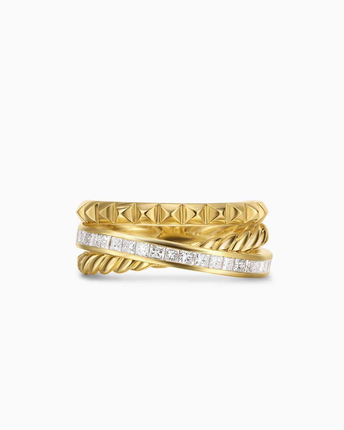 David Yurman Crossover Trio Three Row Ring in 18K Yellow Gold with Diamonds, 8mm David Yurman Women’s