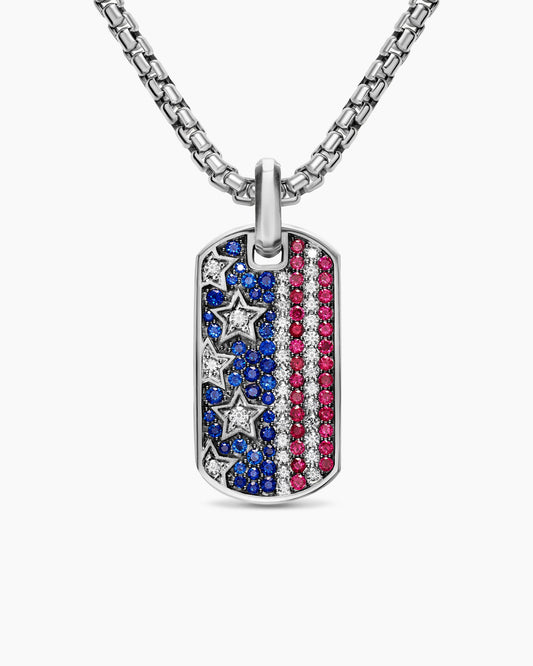 David Yurman Mens Chevron American Flag Tag in Sterling Silver with Sapphires, Diamonds, and Rubies, 35mm David Yurman Men’s