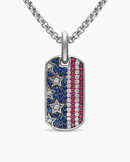 David Yurman Mens Chevron American Flag Tag in Sterling Silver with Sapphires, Diamonds, and Rubies, 27mm David Yurman Men’s