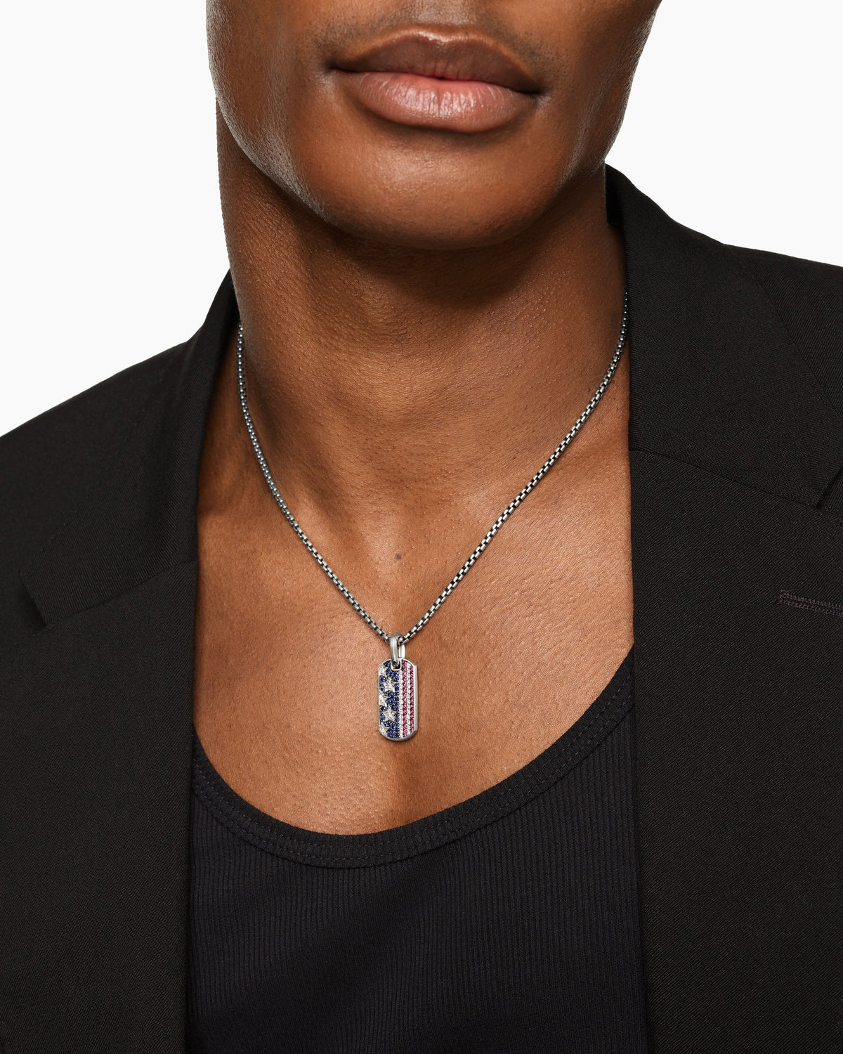 David Yurman Mens Chevron American Flag Tag in Sterling Silver with Sapphires, Diamonds, and Rubies, 27mm David Yurman Men’s