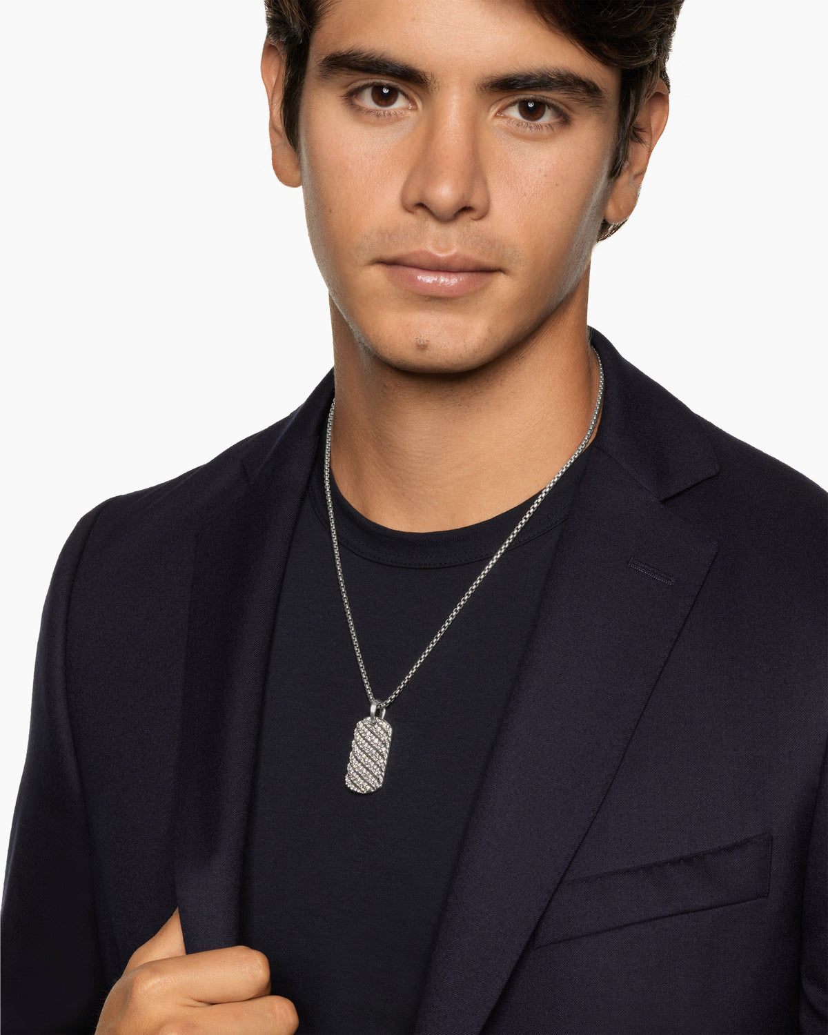 David Yurman Mens Sculpted Cable Tag in 18K White Gold with Diamonds, 35mm David Yurman Men’s