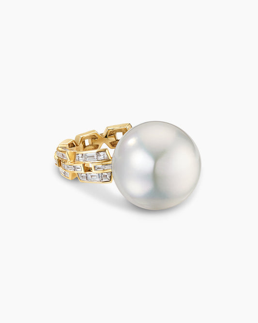 David Yurman Deco South Sea White Pearl Link Ring in Yellow Gold with Diamonds David Yurman High Jewelry